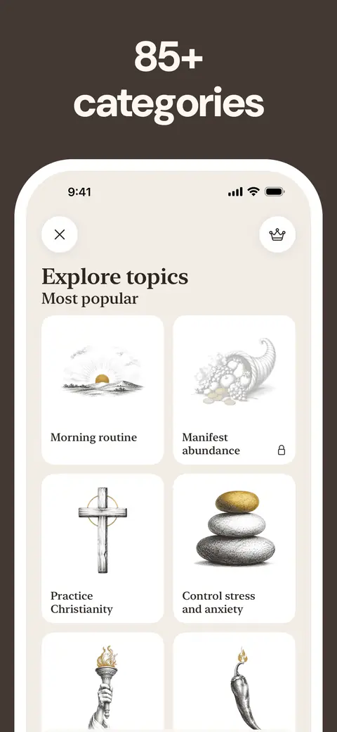The topic explorer with Morning routine, Manifest abundance and more, captioned 85+ categories