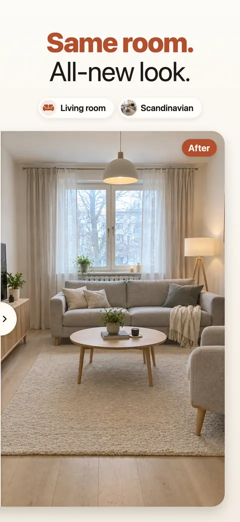 The same living room redesigned in Scandinavian style, labelled After, captioned Same room. All-new look.