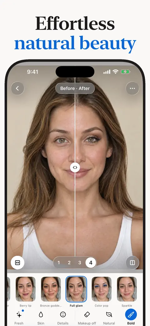 A before and after slider on a woman’s face, captioned Effortless natural beauty