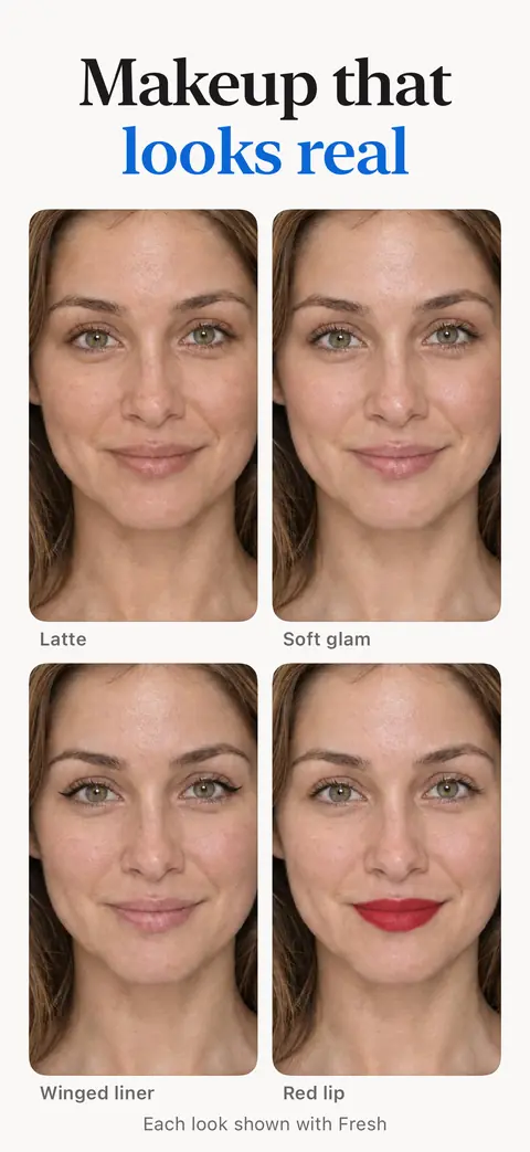 One face in four looks: Latte, Soft glam, Winged liner and Red lip, captioned Makeup that looks real