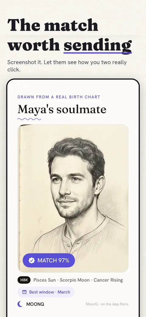 A shareable soulmate card with a 97% match, captioned The match worth sending