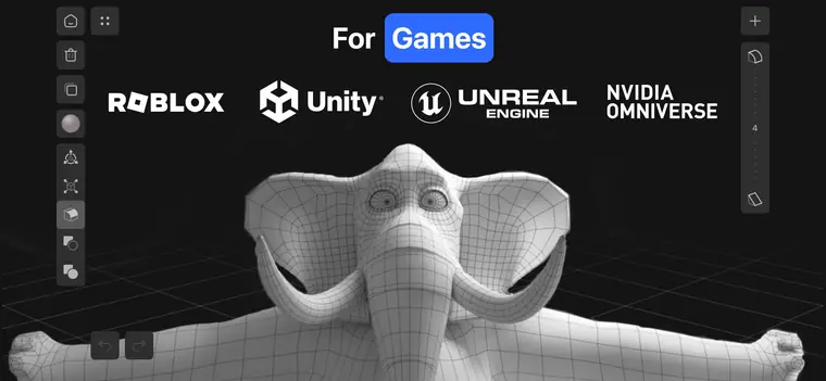 A wireframe elephant model captioned For Games, with Roblox, Unity, Unreal Engine and NVIDIA Omniverse logos